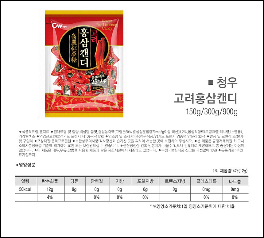 [청우식품] 고려홍삼 캔디 (150g, 20팩)